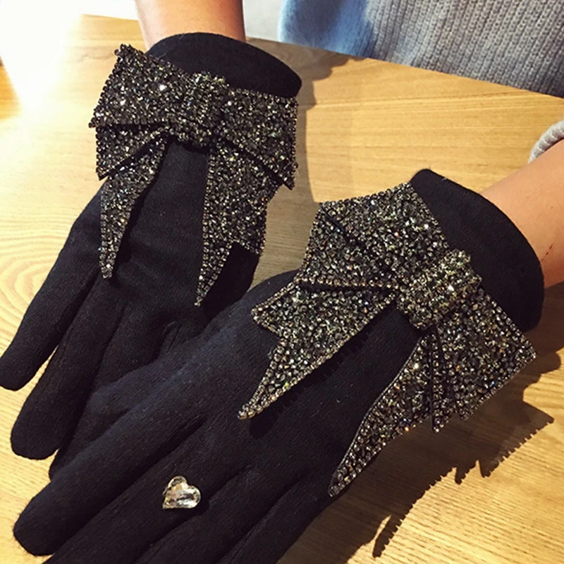 

2017 Brand Luxury Women's Winter Wool Gloves Bingbing diamond Bowknot Elegant Gloves Female Mittens Cashmere Warm Gloves