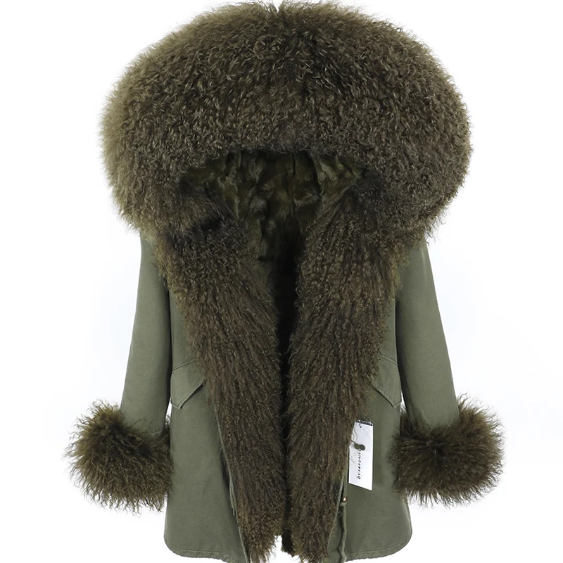 

Real Fur Coats for Women Loose Causal Detachable Real Rex Rabbit Fur Liner Hooded Natural Lambswool Fur Parkas Jacket Mujer