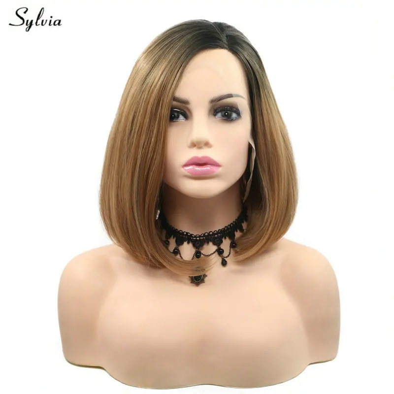 Sylvia короткие прямые волосы боб длина плеча омбре с темными корнями натуральный коричневый/Блонд синтетические парики на кружеве для женщин Косплей - Цвет: Блондинка