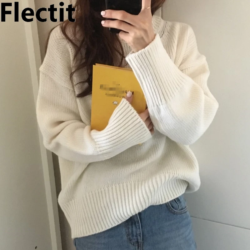 

Flectit Fall Winter Women Chunky Ribbed Knit Sweater Long Sleeve Cozy Jumper Pullover Sweater in Geige White Orange Burgundy