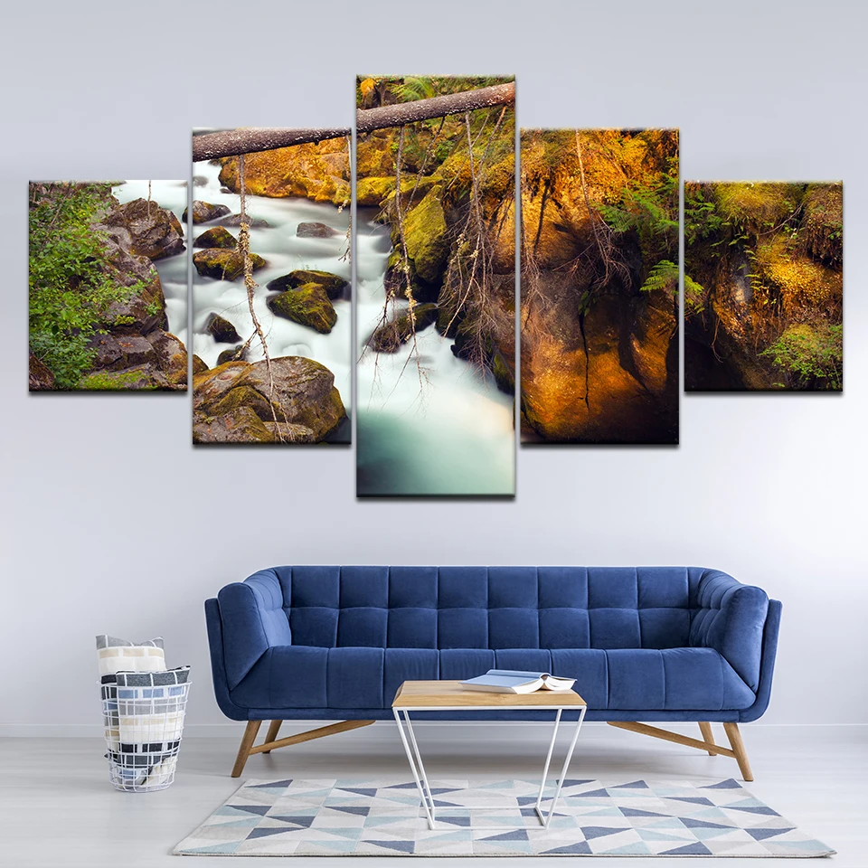 

5 Pieces Frame Canvas Photo Prints Waterfall Woods Stone Wall Art Picture Canvas Paintings Home Decor Wall Artwork Paintings