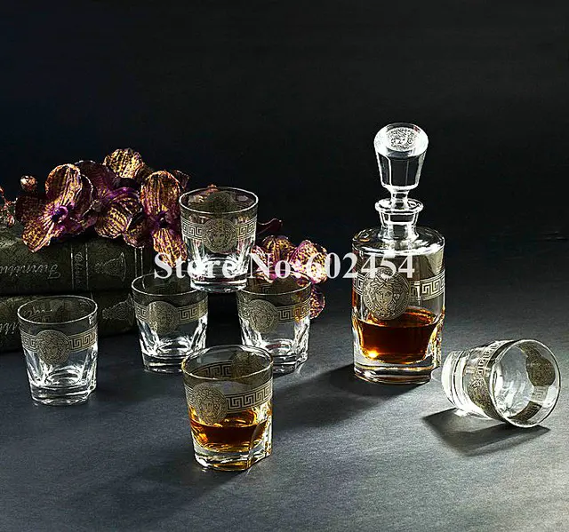 Luxury crystal glass whisky wine cup bottle bar sets service for 6