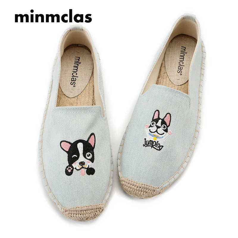 

2018 New Fashion Embroidery DOG Comfortable Ladies Womens Casual Espadrilles Shoes Breathable Flax Hemp Canvas Girls Pink