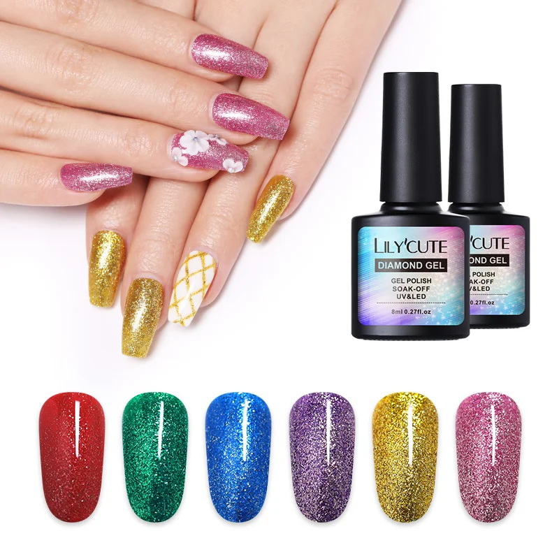 

LILYCUTE 8ml Metallic Glitter Gel Nail Polish Long Lasting Gold Red Green Mixed Color Soak Off Nail Art UV Gel Varnish