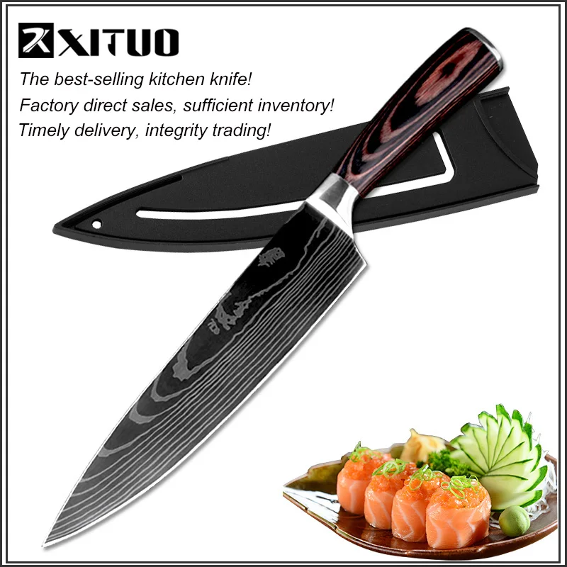

XITUO 8" Professional Chef Kitchen Knife Razor Sharp Stainless Steel Slice Cleaver Laser Damascus Pattern Vegetable Santoku Tool