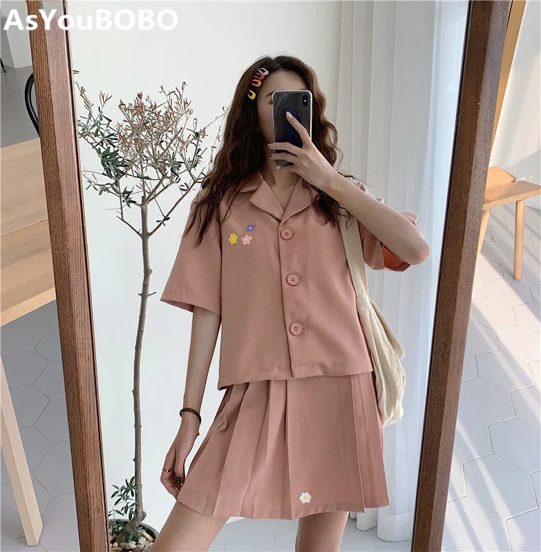 

Summer kawaii korean style floral pattern printting pink black white short sleeve shirts and mini pleated skirts sets YQ-1006