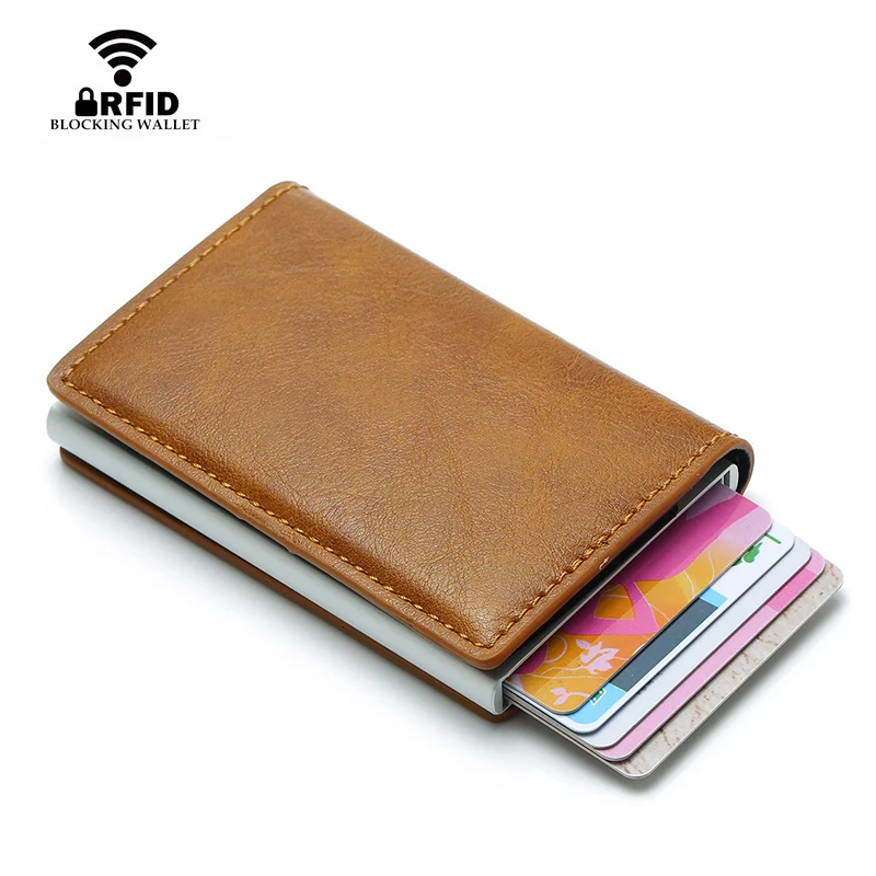 DIENQI أعلى جودة المحفظة الرجال المال حقيبة البسيطة محفظة الذكور خمر آلي الألومنيوم Rfid محفظة حمل بطاقات صغيرة الذكية محفظة
