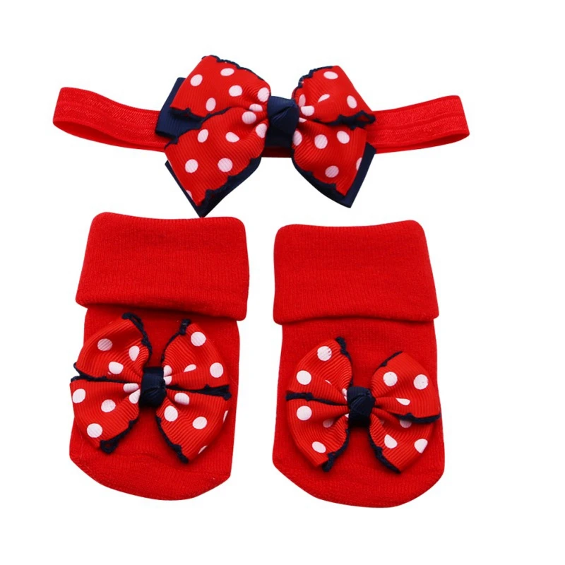 2PCS/Set Baby Socks For Girl Bebe Toddler Newborn Sock+ Bow Headband Infant Anti Slip Cotton Socks Glue Birthday Sock 0-1Years