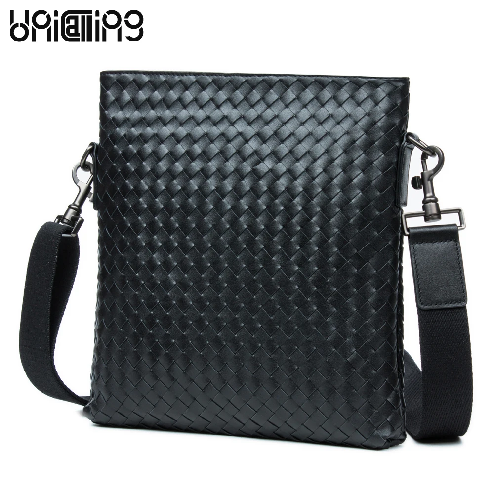 

UniCalling handmade knitting high-end cowhide genuine leather messenger bag for men casual shoulder bag famous brand