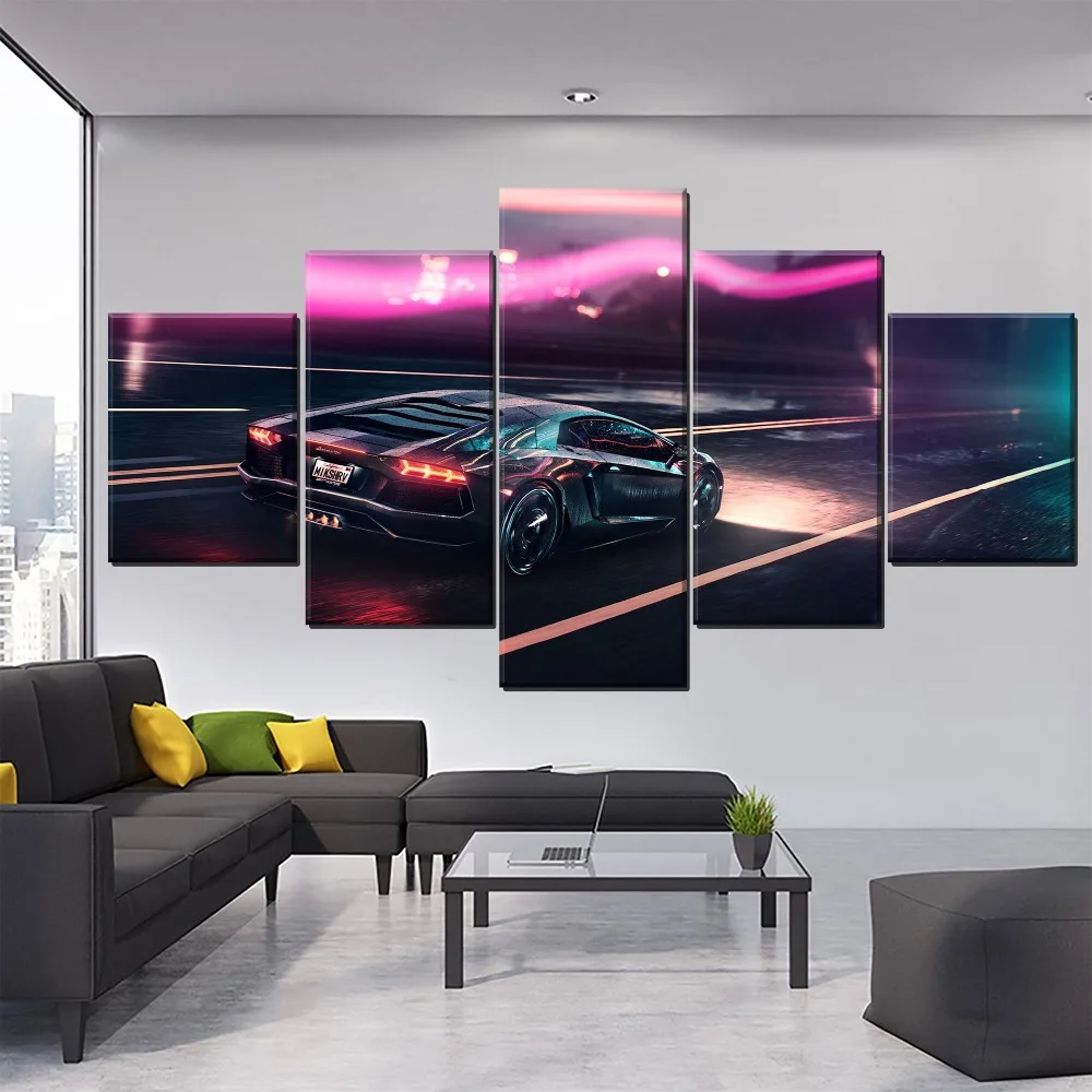 

In Rain Night Cool Artistic Sport Car Back View Canvas Painting HD Print Type Home Wall Decor 5 Piece Modular Style Picture