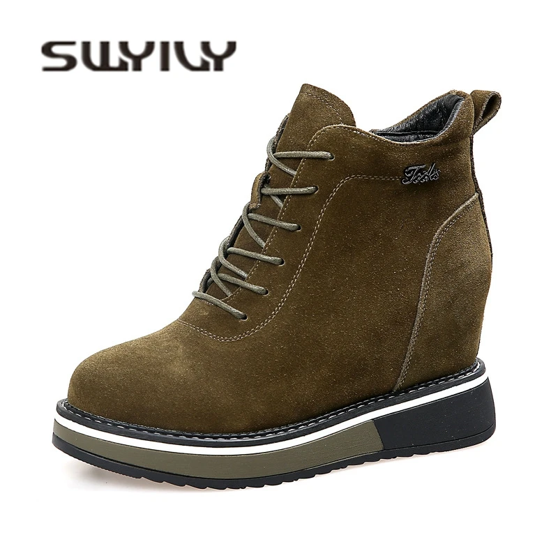 

SWYIVY Casual Boots Woman Platfrom Genuine Leather Female Ankle Boots Wedge 2018 Autumn Retro 8 Cm Increasd Ladies Boots Shoes