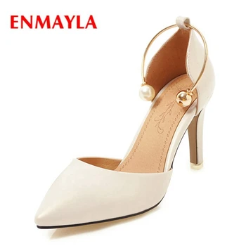 

ENMAYLA Hot selling Women pointed toe buckle thin heel pumps lady solid shallow pumps Big size 34-43 ZYL542