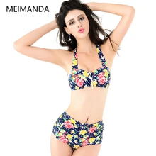 Summer Beach Bikinis Suits Flowers Print Striped Pretty Swimwear High Waist Steel ring Sexy Bikinis For Young Girls 2017 HZ034