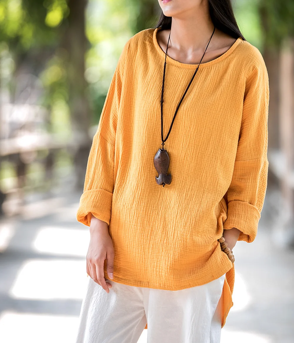 

Spring summer 2019 new original vintage double cotton linen long sleeve T-shirt