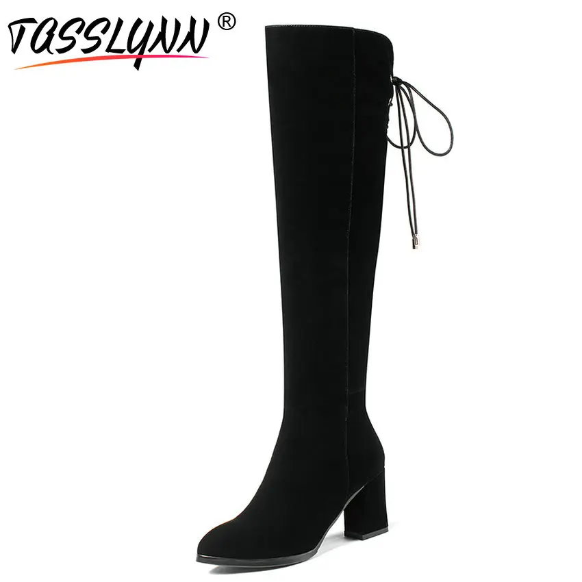 

TASSLYNN 2018 Women Boots Short Plush Lace Up Wedding Boots Winter Shoes Women Square High Heels Pointed Toe Women Shoes Size 38