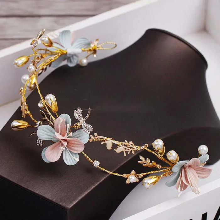 

Pink and green dual color flower hairband Dragonfly gold leaf copper hoop bride crown wedding hair accessories bride headdress