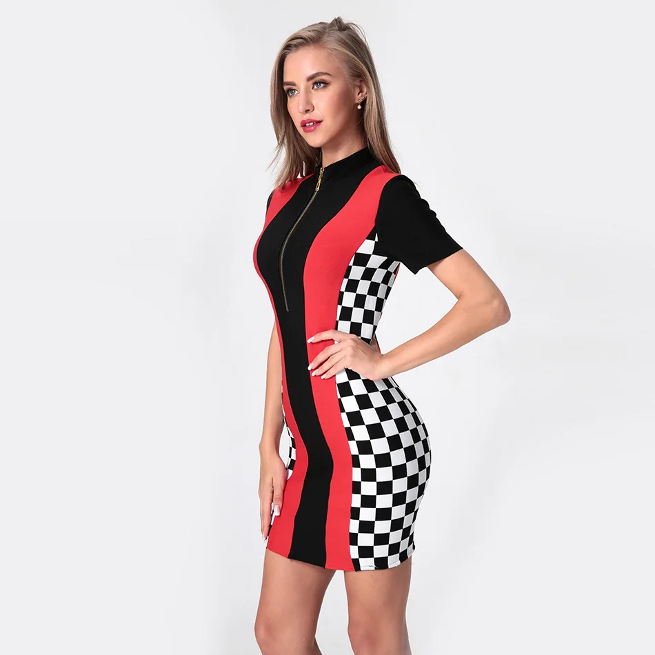 Turtleneck-Short-Sleeve-Above-Knee-Bodycon-Dress-Womens-Plaid-Color-Match-Mini-Bandage-Dresses-Ropa-Verano (2)