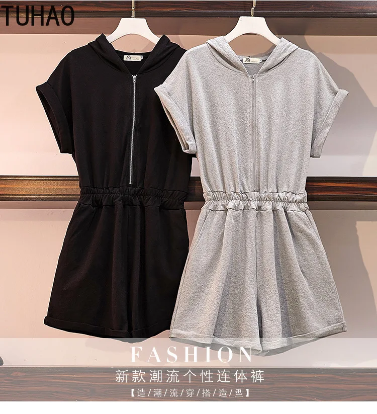 

TUHAO 2019 Summer Sweet Women Short Jumpsuit Playsuits Hooded Short Sleeve Casual Loose Playsuits Female Jumpsuits 5XL 4XL LZ13