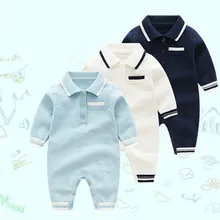 Хлопковая трикотажная одежда для маленьких мальчиков комбинезоны с длинными рукавами для новорожденных, весенние детские комбинезоны с отложным воротником