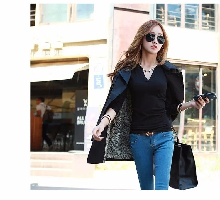 2016 Women T Shirt New Spring Autumn Woman Sexy V Neck Long Sleeve Casual Solid BlackWine Red Tee Tops Blusa Plus Size A568 c