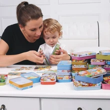 60pcs/set Wooden 3 D Puzzle Cartoon 3D Wood Wodden Puzzle Jigsaw Toy for Baby Early Educational Montessori Toy metal Box
