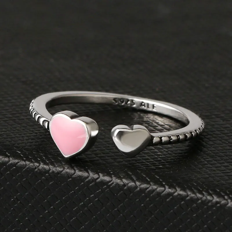 

Anenjery Epoxy Double Love Heart Thai Silver Opening Rings For Women 925 Sterling Silver Index Rings anillos S-R354