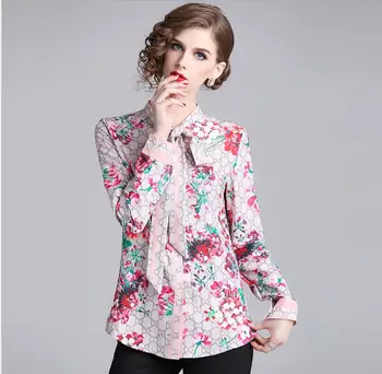 

Plus Size Women Blouses Fashion bow shirt female long-sleeved leading knot floral shirt 100% Polyester Casual Chiffon Womens To