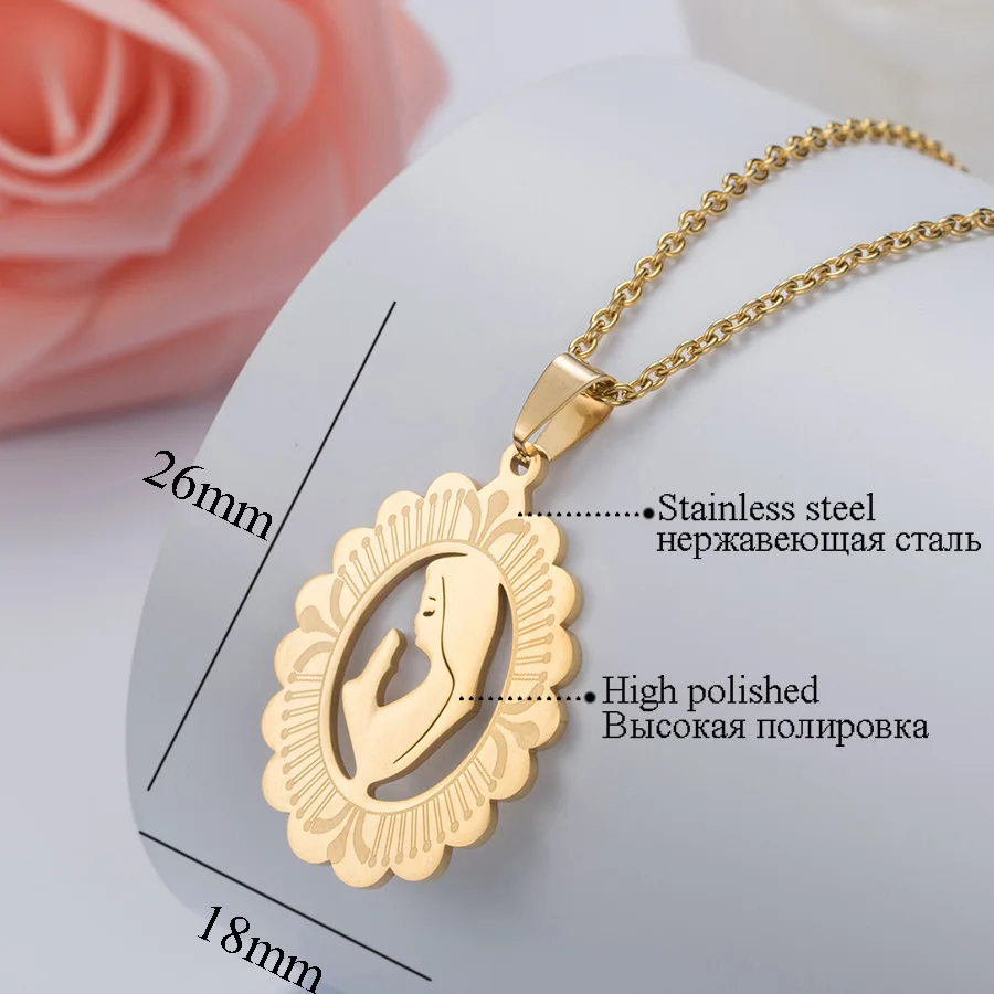 HOBBORN Trendy Women Men Religious Necklace Stainless Steel Gold Color CZ Crystal Virgin Mary Maria Necklaces