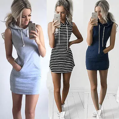 

2017 Casual Women Girls Loose Cotton Striped Pockets Hooded Bodycon Sleeveless Tops Party Cocktail Blouse Shirts Summer Clothes