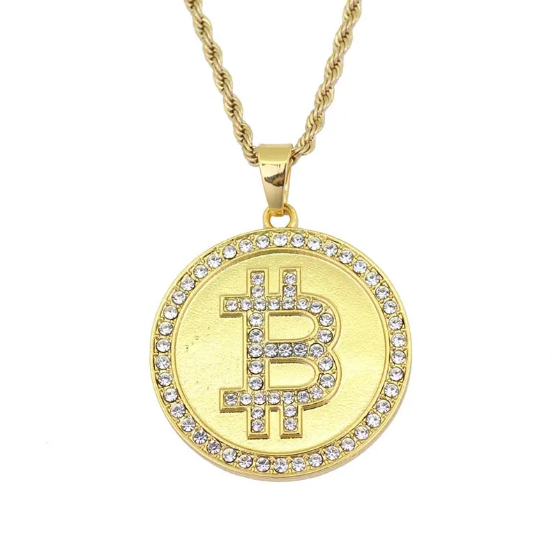 

HIP Hop Full Rhinestone Iced Out Bling Gold Color Stainless Steel Round bitcoin Necklaces&Pendants For Men Jewelry