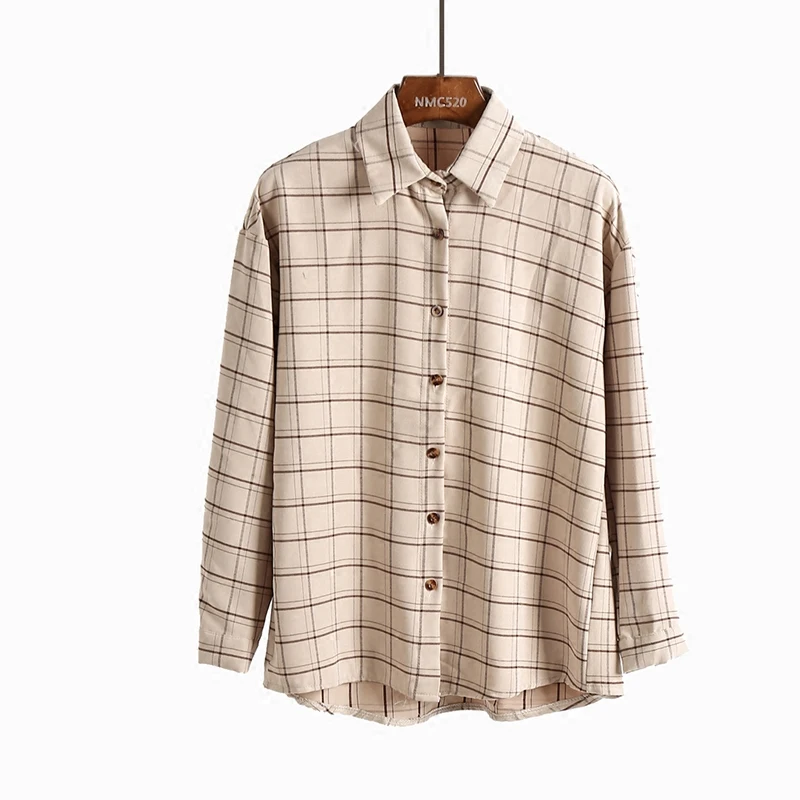 2018 Spring New Style Women Fashion Retro Lapel Neck Plaid Shirt Female Loose Long Sleeve Shirts Women's Cotton and Linen Blouse |