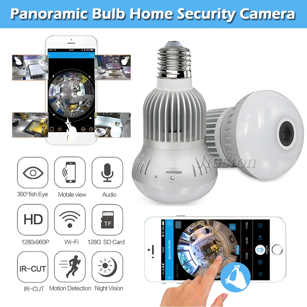 Мини WiFi лампочка 360 градусов HD видео камера рыбий глаз безопасности ИК Ночное