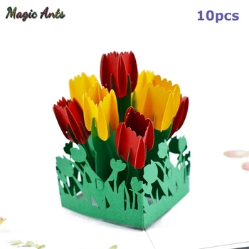 

10 Pack Tulip 3D Pop-Up Cards Flowers Gift with Envelope Stickers laser cut invitation Wedding Greeting Cards Valentines Day