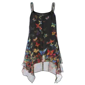 

2019 Summer Lady Sleeveless Butterfly Print Irregular Hem Cami Tank Tops Lady Trim Cute Sweet Loose Tank Tops Camis Cd