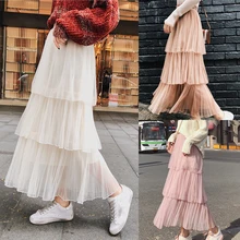 Женские длинные юбки, повседневная однотонная кружевная юбка-пачка с высокой талией, плиссированная юбка, Корейская Осенняя эластичная юбка-пачка, розовая сетчатая юбка из тюля