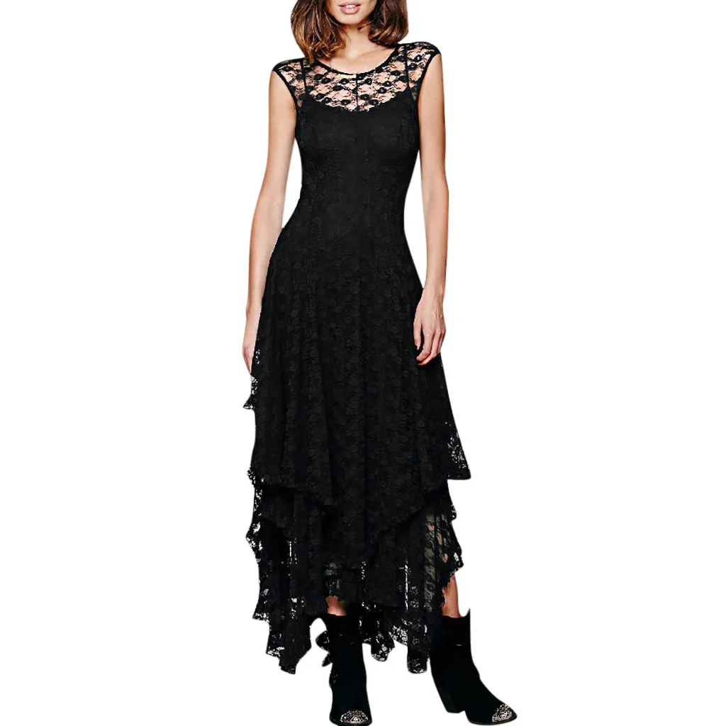 

Women Solid Color Casual Dress Boho Elegant Dress Irregular Lace Sexy Double Layered Ruffled Trimming Long Dress