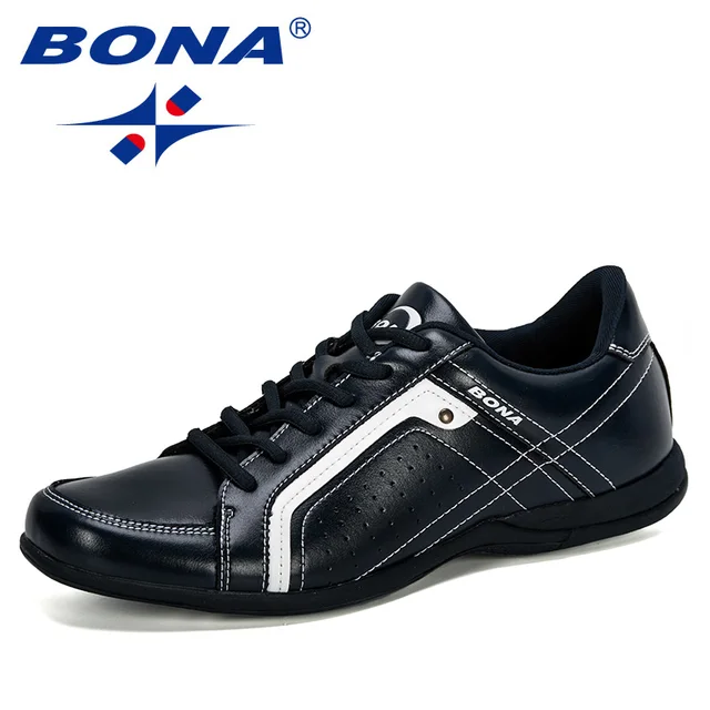 BONA Men Flats Microfiber Lacing Shoes Breathable Men Casual Shoes Fashion Sneaker Men Loafers Outdoor Man Leisure Footwear Deep blue
