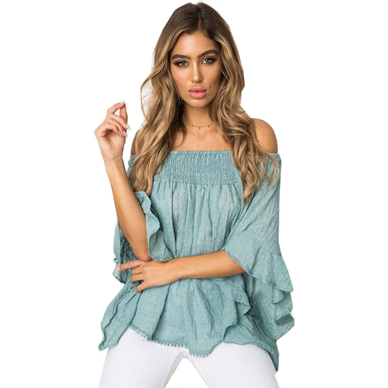 

New style blouse 2019 Foreign Trade Hot plus size loose summer print slash neck off shoulder tops and blouses vestidos OYM0879