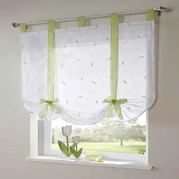 

1Pcs Luxury Ribbon Pastoral Roman Short Curtain Embroidered Floral Window Curtains Sheer Tulle Voile For Living Room Kitchen