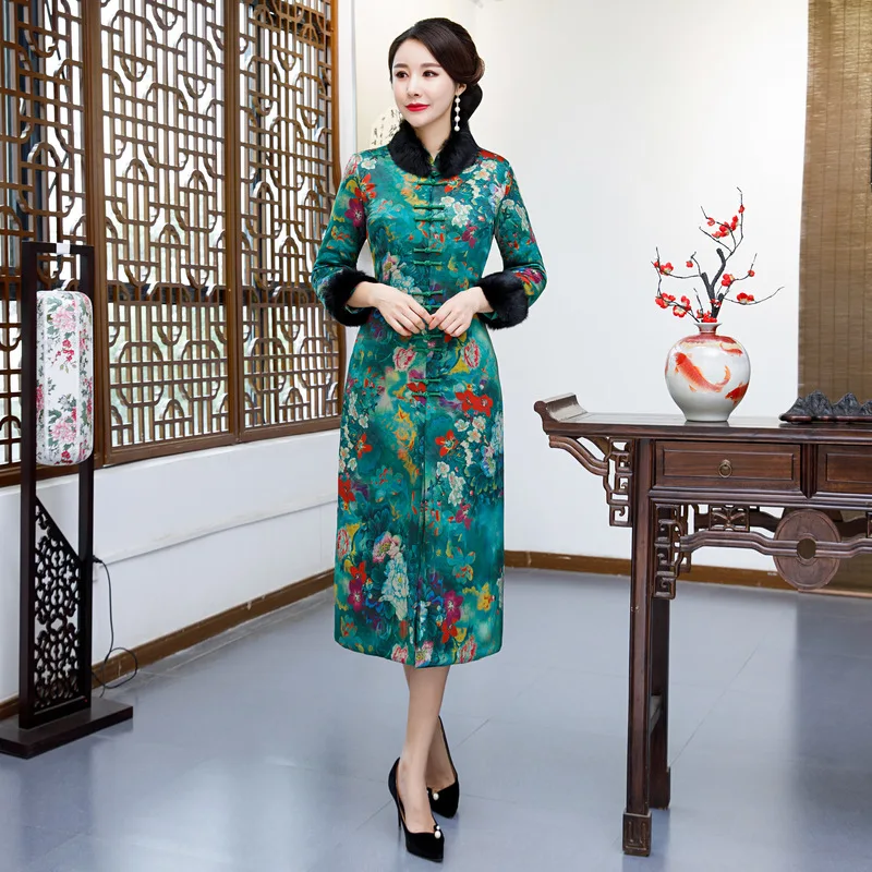 

Winter Womens Long Jacket Vintage Chinese style Mandarin Collar Dress Lady Coat Slim Dresses Vestido Flowers L-4XL
