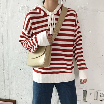

2019 New Autumn Winter Jumpers Small Fresh Stripe Lace-Up Hooded Sweater Women Casual Long Sleeve Pullovers Sweaters