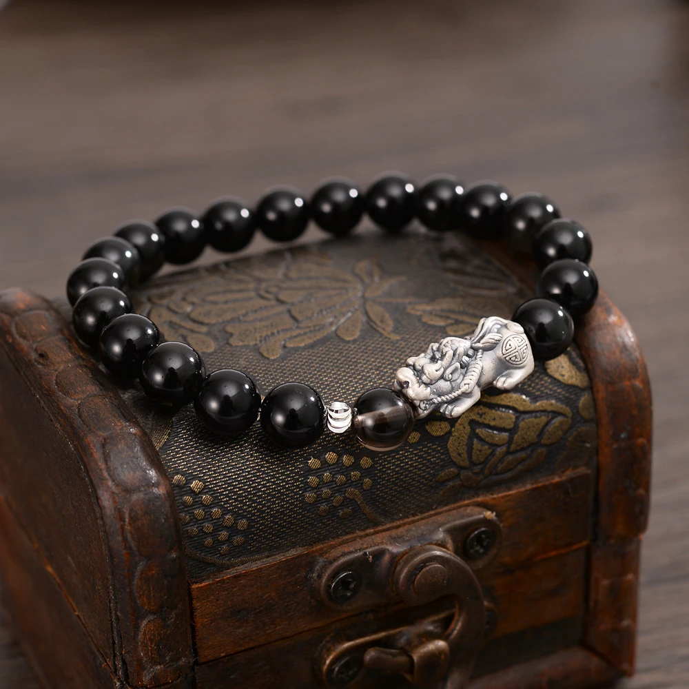 Черный кристаллический обсидиан камни из бисера браслет из стерлингового серебра китайский Pixiu Шарм богатство браслет сын дракона счастливый амулет подарки