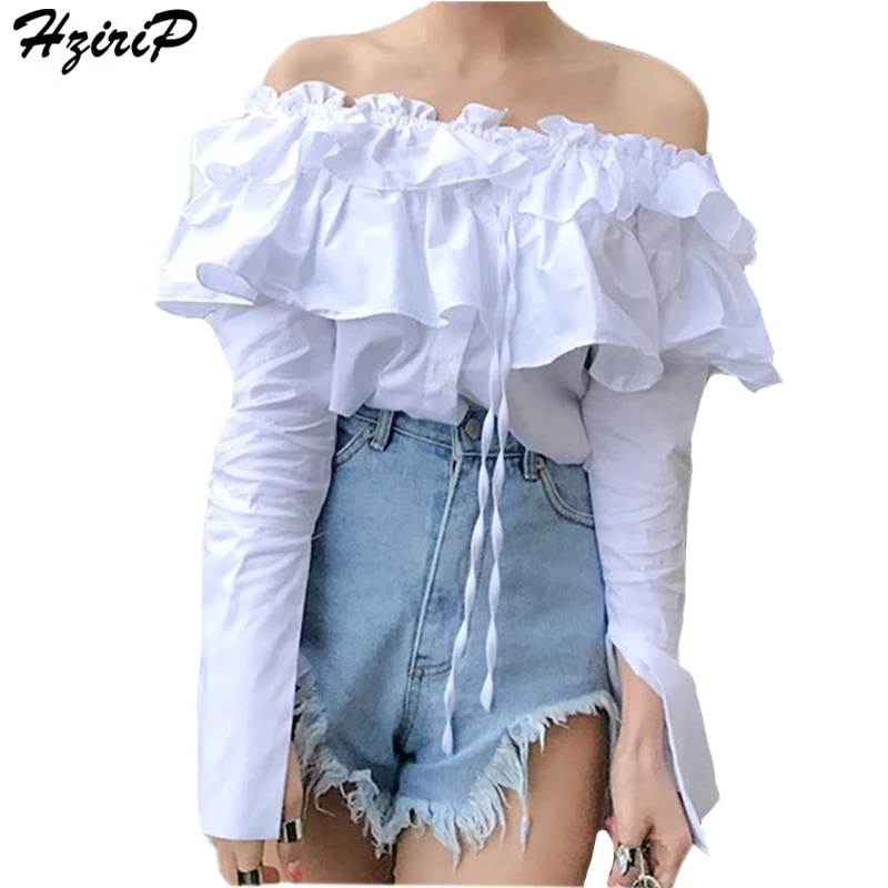 HziriP Double Ruffles Off The Shoulder Lace Up White Shirts Women Plaid Flare Sleeve Blusas Mujer De Moda 2017 Women Tops Femme white-cotton-lace-top : image HziriP Double Ruffles Off The Shoulder Lace Up White Shirts Women Plaid Flare Sleeve Blusas Mujer De Moda 2017 Women Tops Femme white-cotton-lace-top