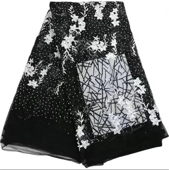 

Excellent baclk with white embroidery French lace cloth fashion tulle lace fabric with rhinestones XNE38(5yards/lot)