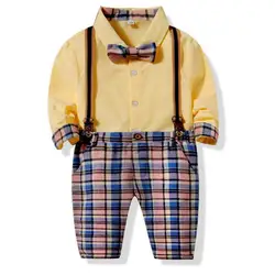 Kimocat/комплект одежды для маленьких мальчиков; сезон весна-лето-осень; костюм для малышей; рубашка в клетку + комбинезон; комплект из 2