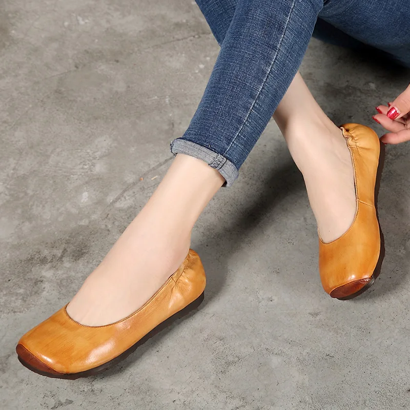 

2019 VALLU Spring Women Shoes Round Toe Genuine Leather Handmade Design Flats Ladies Retro National Style Solid Causal Shoes