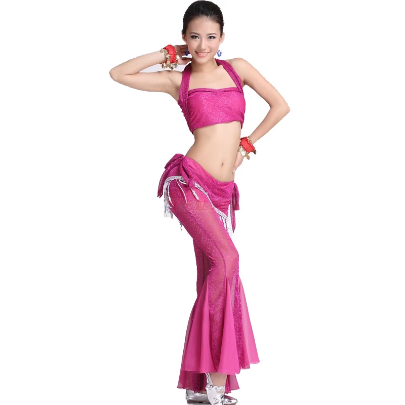 

Women's Tribal belly dance suit Bra Top + flash silver Fishtail pants(Tassel waist culottes) 2pcs/set indian dance costume