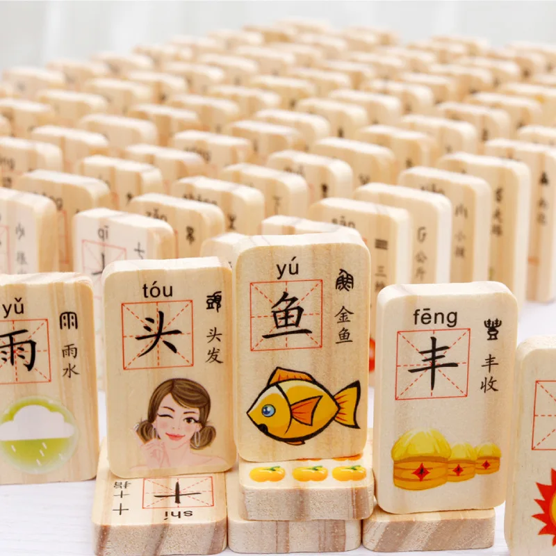 

100 pcs wooden blocks domino game Chinese Characters English Letter number cartoon animals learning pattern Cognitive Toys M33