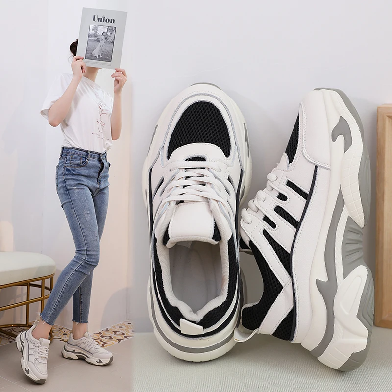 

2019 autumn round head black beige thick sneakers dad shoes ladies vulcanized shoes basket women's white sneakers