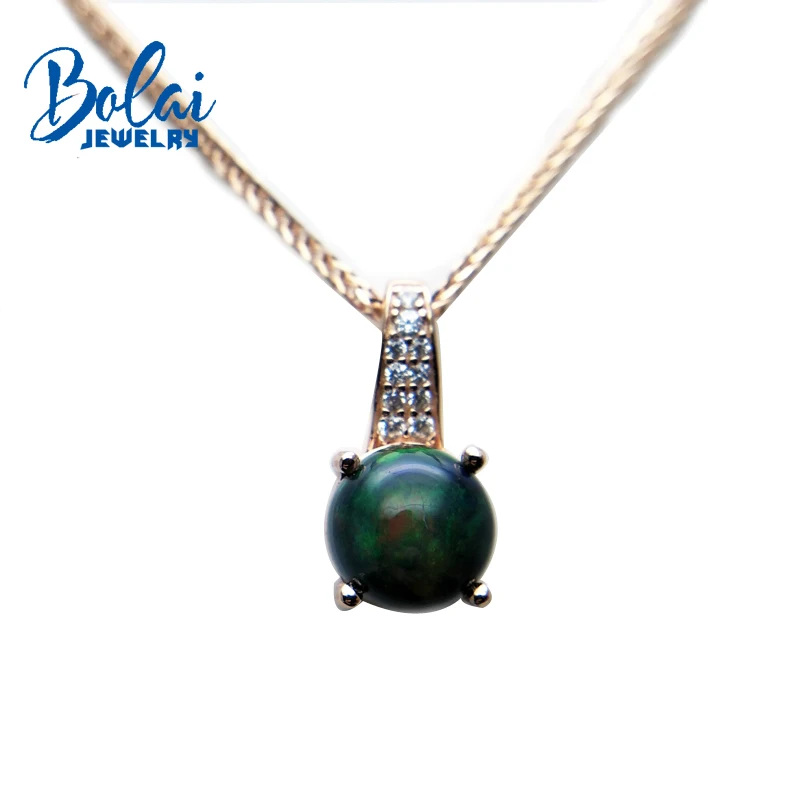 

bolaijewelry,simple style natural black opal round 8mm gemstone small pendant in 925 silver rose color for women christmas gift